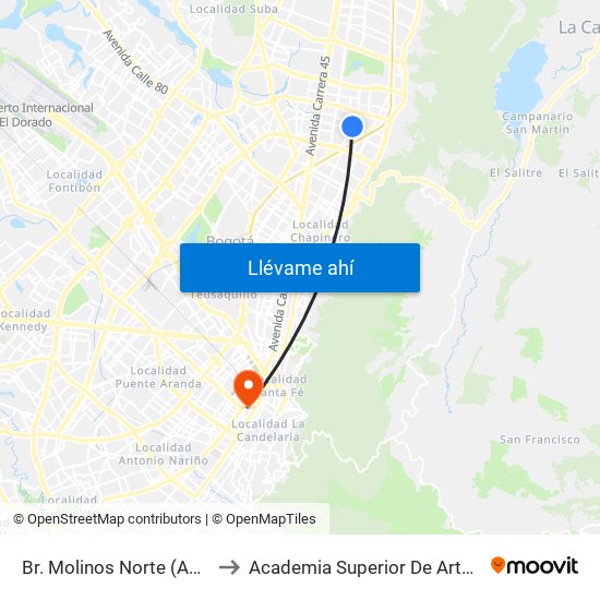 Br. Molinos Norte (Ak 15 - Cl 106) (A) to Academia Superior De Artes De Bogota - Asab map