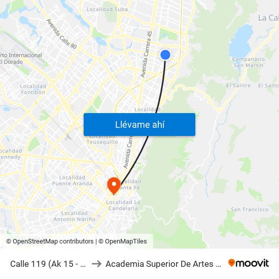 Calle 119 (Ak 15 - Cl 118a) (A) to Academia Superior De Artes De Bogota - Asab map