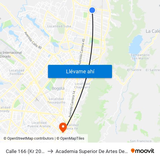 Calle 166 (Kr 20 - Cl 166) to Academia Superior De Artes De Bogota - Asab map