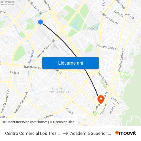 Centro Comercial Los Tres Elefantes (Av. Boyacá - Cl 23) (A) to Academia Superior De Artes De Bogota - Asab map