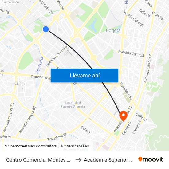Centro Comercial Montevideo Plaza (Av. Boyacá - Cl 22) (A) to Academia Superior De Artes De Bogota - Asab map