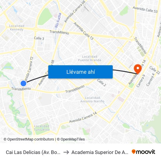 Cai Las Delicias (Av. Boyacá - Cl 43c Sur) (A) to Academia Superior De Artes De Bogota - Asab map