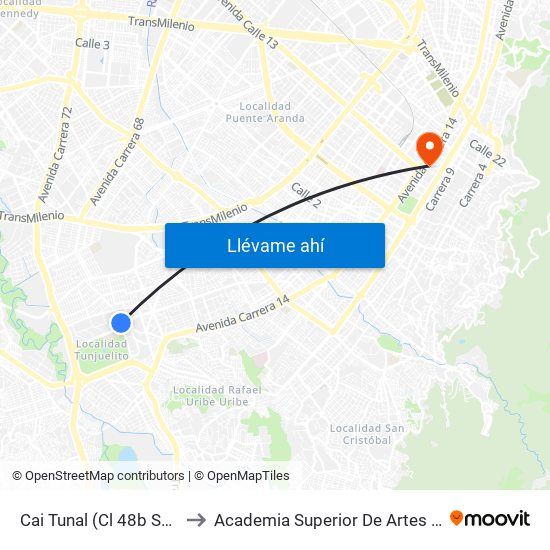 Cai Tunal (Cl 48b Sur - Kr 24) (A) to Academia Superior De Artes De Bogota - Asab map