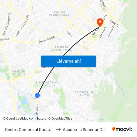 Centro Comercial Caracas (Cl 50a Sur - Kr 9) (A) to Academia Superior De Artes De Bogota - Asab map