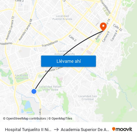 Hospital Tunjuelito II Nivel (Cl 52 Sur - Kr 14) to Academia Superior De Artes De Bogota - Asab map