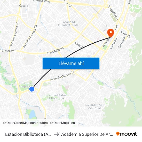 Estación Biblioteca (Av. V/cio - Cl 51 Sur) to Academia Superior De Artes De Bogota - Asab map