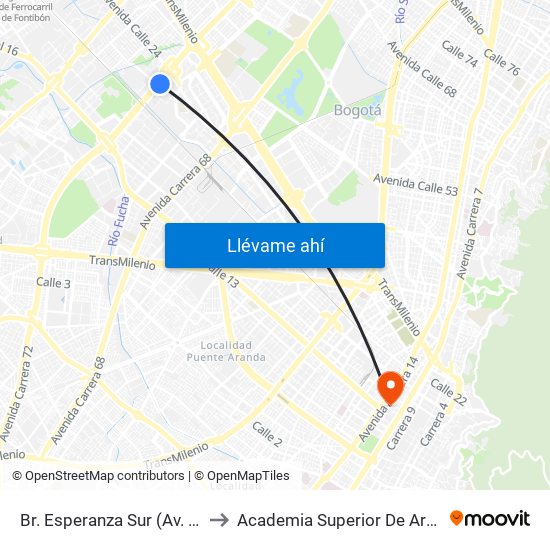 Br. Esperanza Sur (Av. Boyacá - Cl 23) (A) to Academia Superior De Artes De Bogota - Asab map