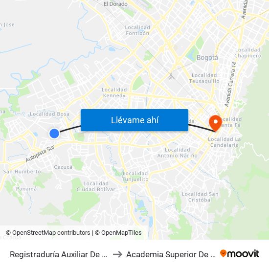 Registraduría Auxiliar De Bosa (Tv 78l - Dg 69c Sur) to Academia Superior De Artes De Bogota - Asab map