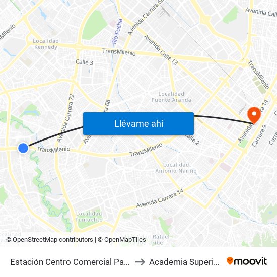 Estación Centro Comercial Paseo Villa Del Río - Madelena (Auto Sur - Kr 66a) to Academia Superior De Artes De Bogota - Asab map