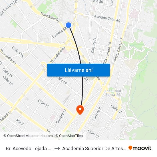 Br. Acevedo Tejada (Kr 33 - Cl 28) to Academia Superior De Artes De Bogota - Asab map