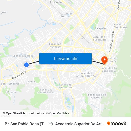 Br. San Pablo Bosa (Tv 78l - Cl 69a Sur) to Academia Superior De Artes De Bogota - Asab map