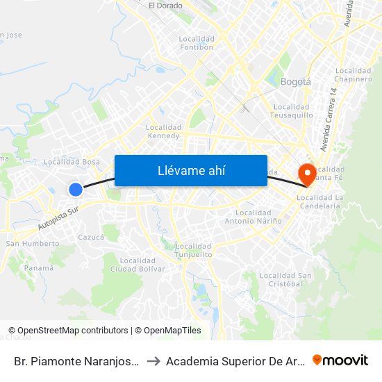 Br. Piamonte Naranjos (Kr 78c - Cl 70 Sur) to Academia Superior De Artes De Bogota - Asab map