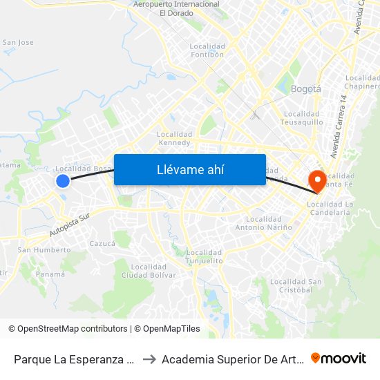 Parque La Esperanza (Kr 80j - Cl 75 Sur) to Academia Superior De Artes De Bogota - Asab map