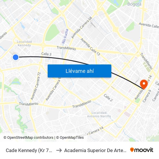 Cade Kennedy (Kr 78k - Cl 37a Sur) to Academia Superior De Artes De Bogota - Asab map