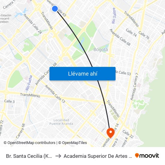 Br. Santa Cecilia (Kr 77a - Cl 55) to Academia Superior De Artes De Bogota - Asab map