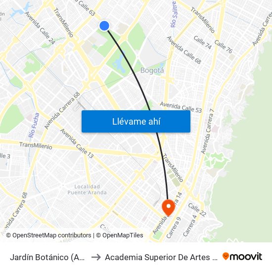 Jardín Botánico (Ac 63 - Kr 69l) to Academia Superior De Artes De Bogota - Asab map