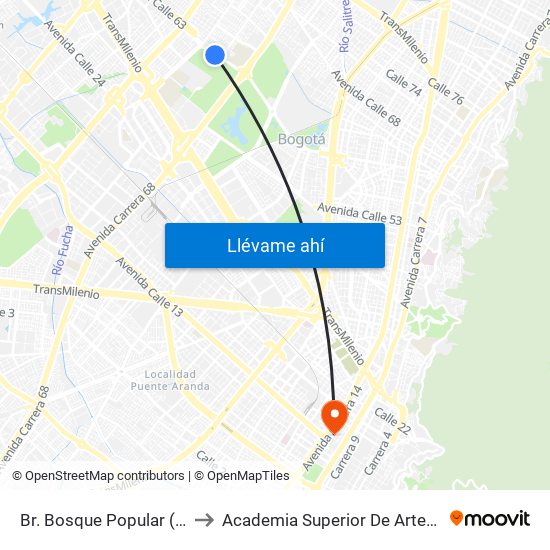 Br. Bosque Popular (Ac 63 - Kr 69f) to Academia Superior De Artes De Bogota - Asab map