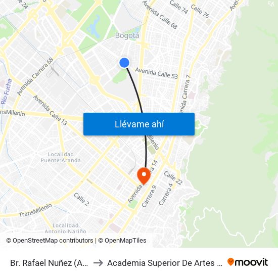 Br. Rafael Nuñez (Ac 53 - Ak 45) to Academia Superior De Artes De Bogota - Asab map