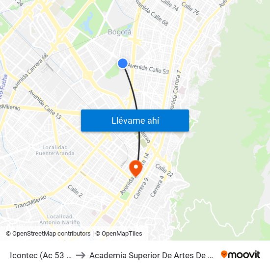 Icontec (Ac 53 - Kr 37) to Academia Superior De Artes De Bogota - Asab map