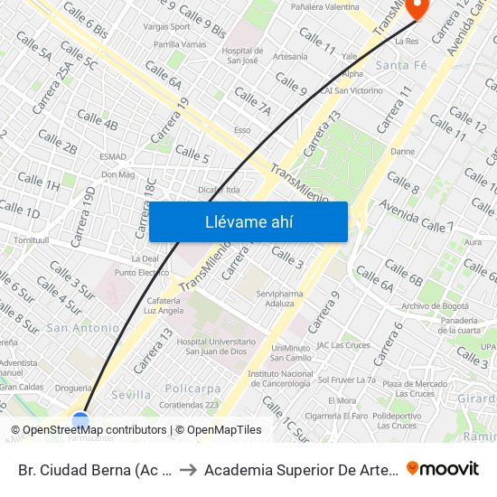 Br. Ciudad Berna (Ac 11 Sur - Kr 12c) to Academia Superior De Artes De Bogota - Asab map