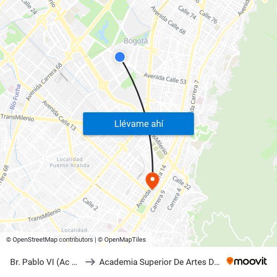 Br. Pablo VI (Ac 53 - Kr 54) to Academia Superior De Artes De Bogota - Asab map