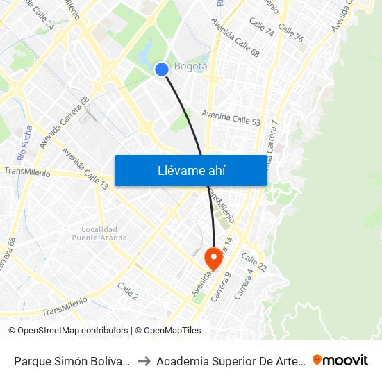 Parque Simón Bolívar (Ak 60 - Cl 57) to Academia Superior De Artes De Bogota - Asab map