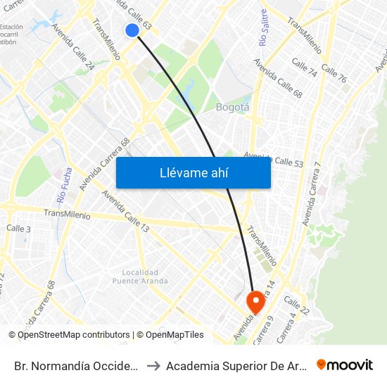 Br. Normandía Occidental (Ac 53 - Kr 73) to Academia Superior De Artes De Bogota - Asab map