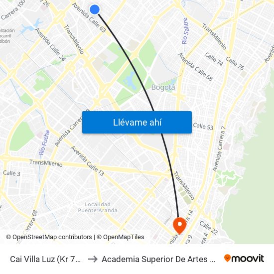 Cai Villa Luz (Kr 77a - Cl 64b) to Academia Superior De Artes De Bogota - Asab map