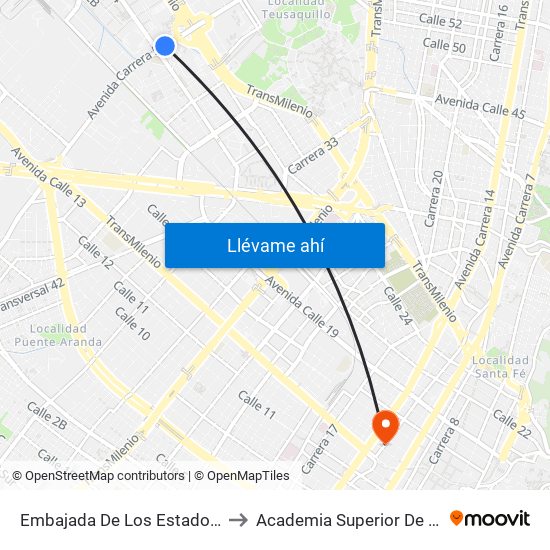 Embajada De Los Estados Unidos (Ak 50 - Cl 24b) to Academia Superior De Artes De Bogota - Asab map