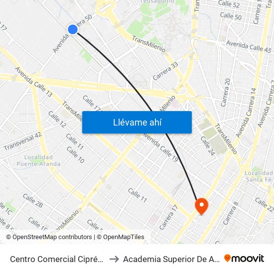 Centro Comercial Ciprés Plaza (Ak 50 - Cl 21) to Academia Superior De Artes De Bogota - Asab map