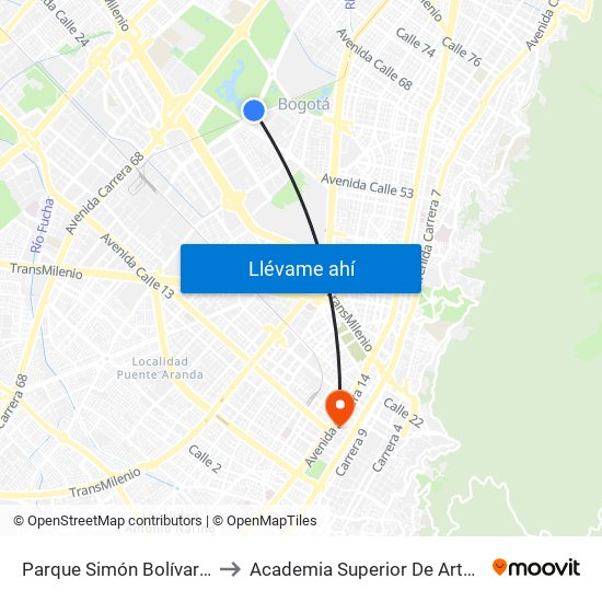 Parque Simón Bolívar (Ak 60 - Cl 57c) to Academia Superior De Artes De Bogota - Asab map