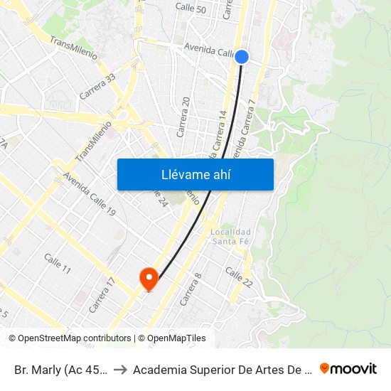 Br. Marly (Ac 45 - Kr 13) to Academia Superior De Artes De Bogota - Asab map