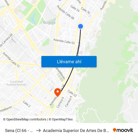 Sena (Cl 66 - Ak 11) to Academia Superior De Artes De Bogota - Asab map