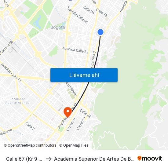 Calle 67 (Kr 9 - Cl 67) to Academia Superior De Artes De Bogota - Asab map