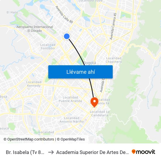 Br. Isabela (Tv 85 - Cl 64i) to Academia Superior De Artes De Bogota - Asab map