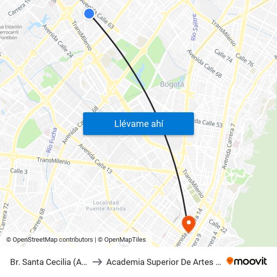 Br. Santa Cecilia (Ac 53 - Kr 78) to Academia Superior De Artes De Bogota - Asab map