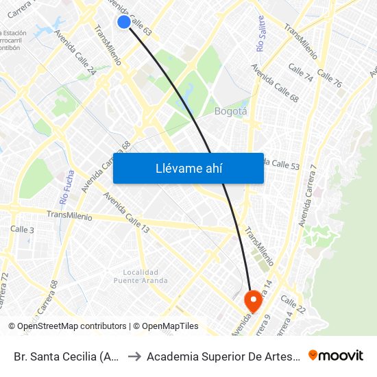 Br. Santa Cecilia (Ac 53 - Kr 77c) to Academia Superior De Artes De Bogota - Asab map