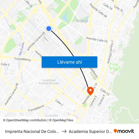 Imprenta Nacional De Colombia (Ak 68 - Av. Esperanza) (A) to Academia Superior De Artes De Bogota - Asab map