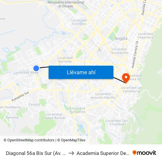 Diagonal 56a Bis Sur (Av. C. De Cali - Dg 56a Bis Sur) to Academia Superior De Artes De Bogota - Asab map