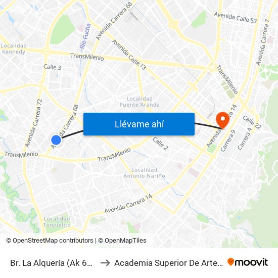 Br. La Alquería (Ak 68 - Cl 40 Sur) (A) to Academia Superior De Artes De Bogota - Asab map