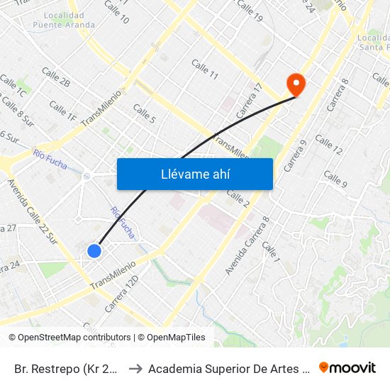 Br. Restrepo (Kr 20 - Cl 18 Sur) to Academia Superior De Artes De Bogota - Asab map