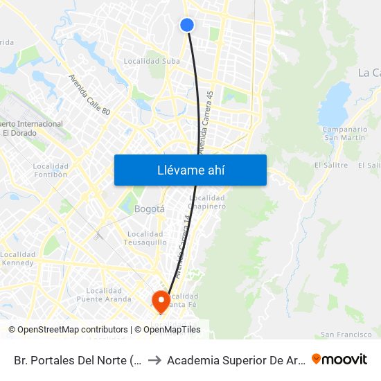 Br. Portales Del Norte (Av. Boyacá - Cl 163) to Academia Superior De Artes De Bogota - Asab map
