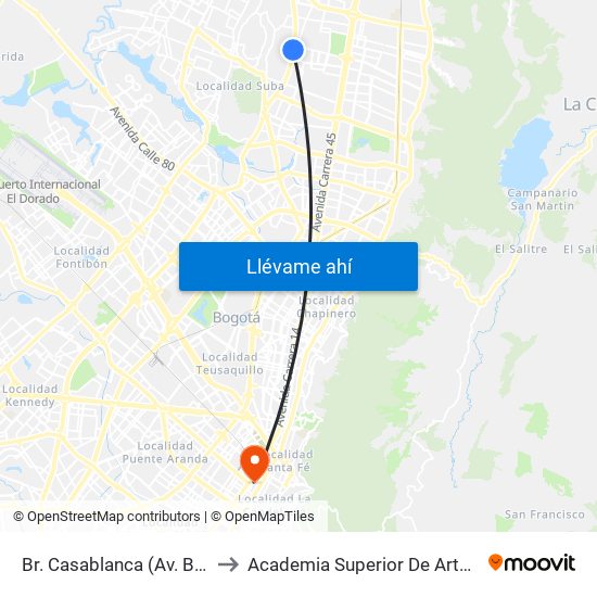 Br. Casablanca (Av. Boyacá - Cl 152b) to Academia Superior De Artes De Bogota - Asab map