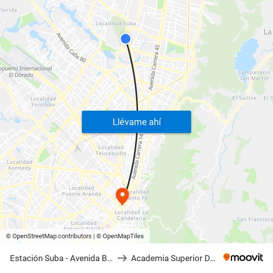 Estación Suba - Avenida Boyacá (Av. Boyacá - Cl 128a) to Academia Superior De Artes De Bogota - Asab map