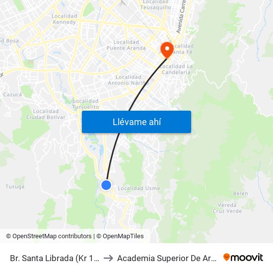 Br. Santa Librada (Kr 14l - Cl 73b Sur) (A) to Academia Superior De Artes De Bogota - Asab map