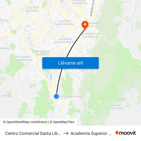 Centro Comercial Santa Librada (Av. Caracas - Cl 74c Sur) (A) to Academia Superior De Artes De Bogota - Asab map