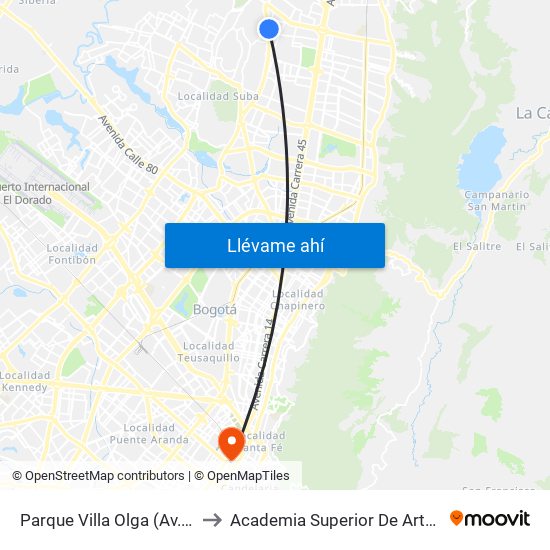 Parque Villa Olga (Av. Boyacá - Cl 167) to Academia Superior De Artes De Bogota - Asab map