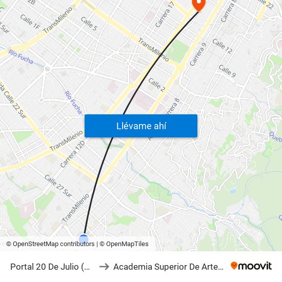 Portal 20 De Julio (Kr 5 - Cl 31 Sur) to Academia Superior De Artes De Bogota - Asab map