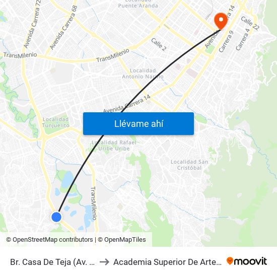 Br. Casa De Teja (Av. Boyacá - Kr 15) to Academia Superior De Artes De Bogota - Asab map