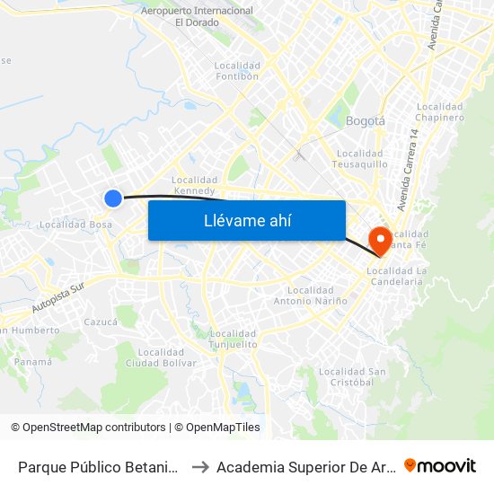 Parque Público Betania (Kr 87 - Cl 51b Sur) to Academia Superior De Artes De Bogota - Asab map